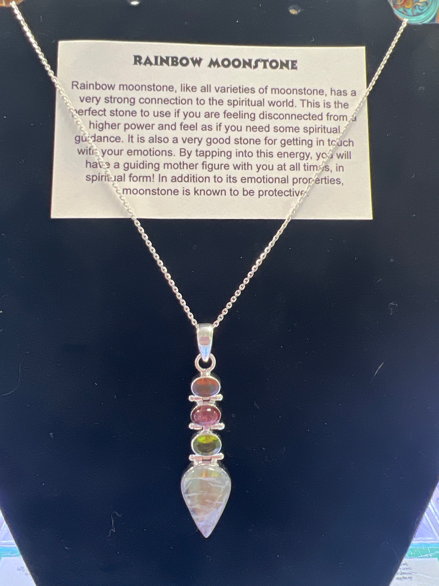Rainbow Moonstone Pendant on Silver Chain