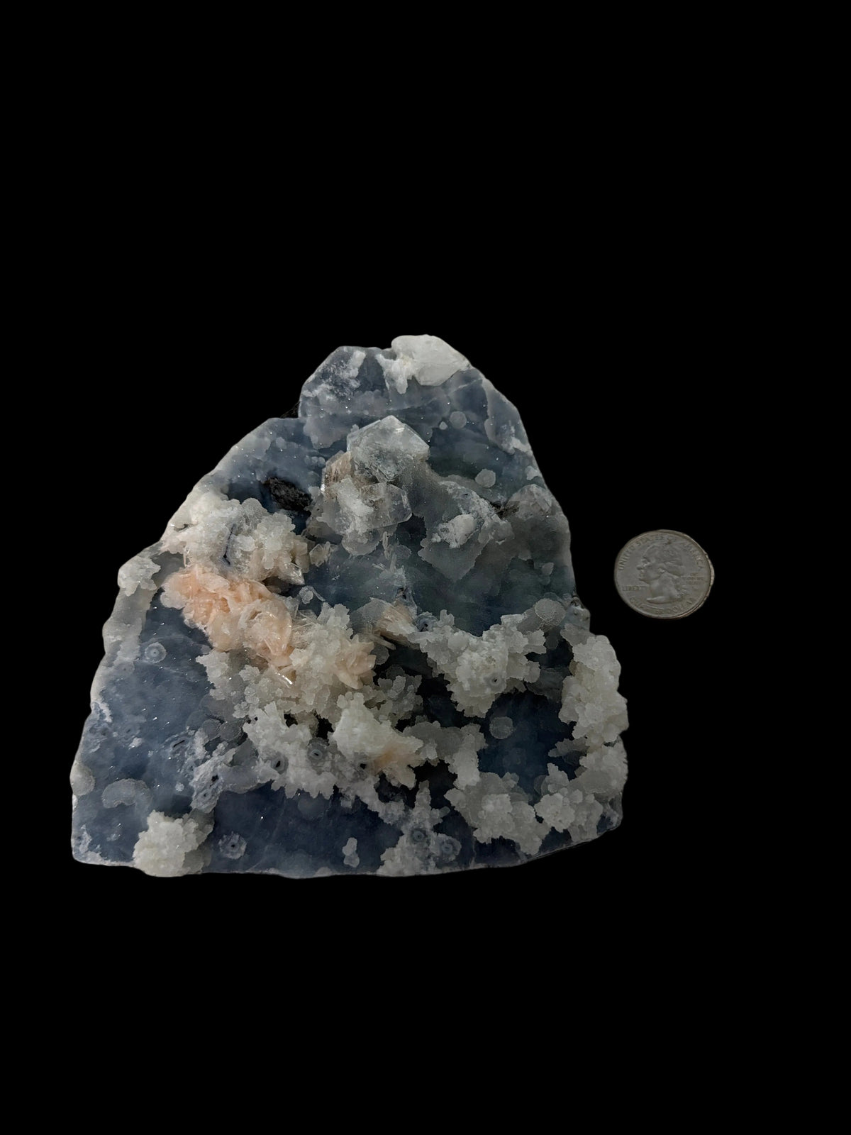 Blue chalcedony W/ white coral and stilbite