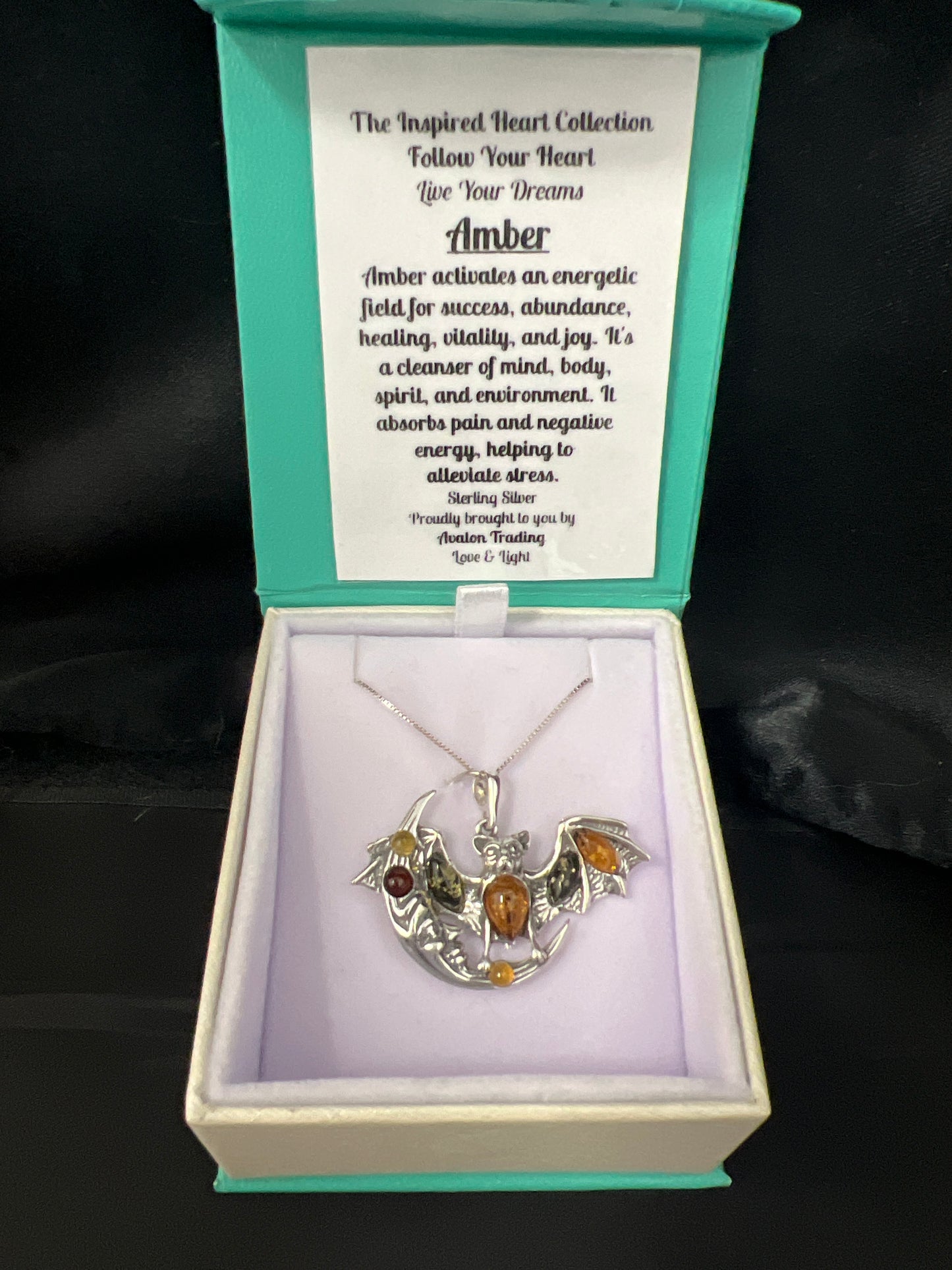 Amber Bat on Moon Necklace