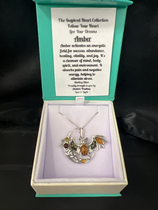 Amber Bat on Moon Necklace