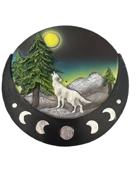 Round Wolf with Moon Incense Burner