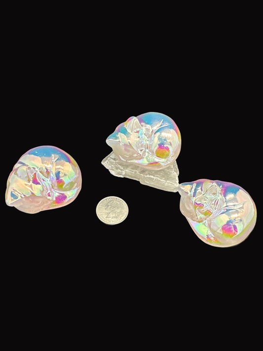 Sleeping Cat Aura coated Rose Quartz carving