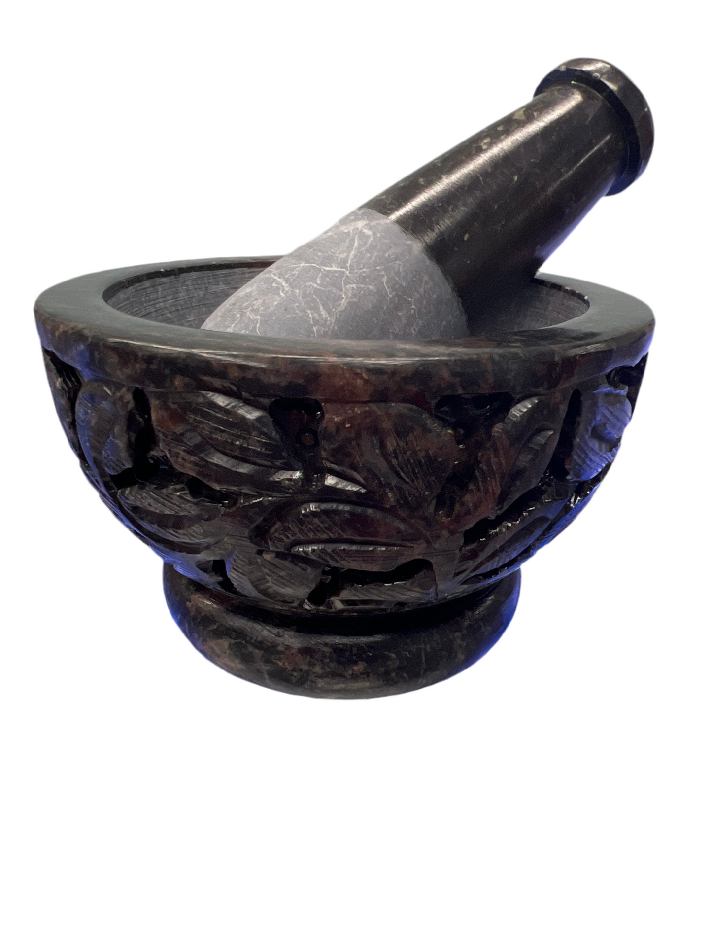 Leaf/Vine Carved Soapstone Mortar & Pestle