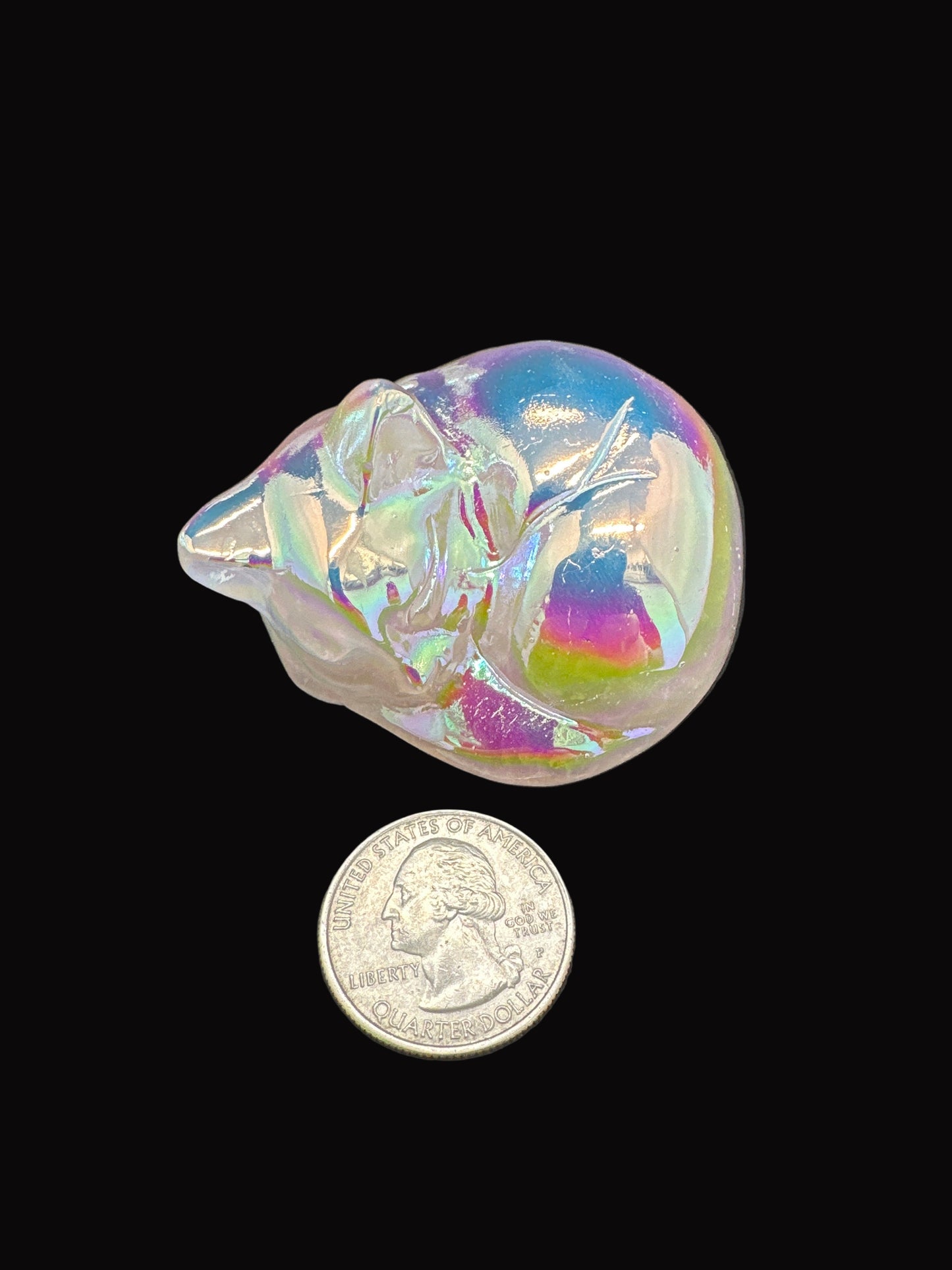 Sleeping Cat Aura coated Rose Quartz carving