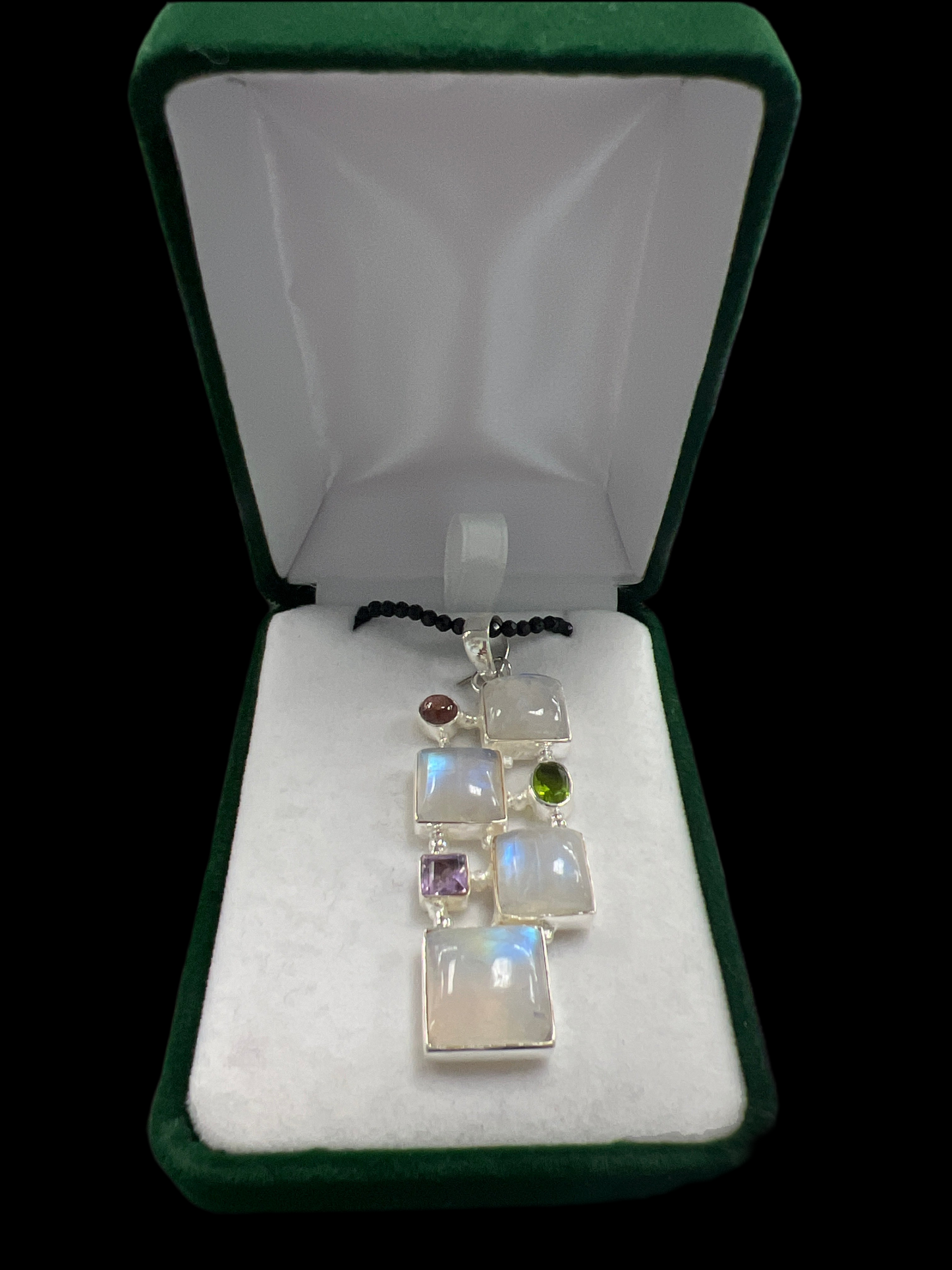 Rainbow Moonstone Pendant w/Black Spinel chain