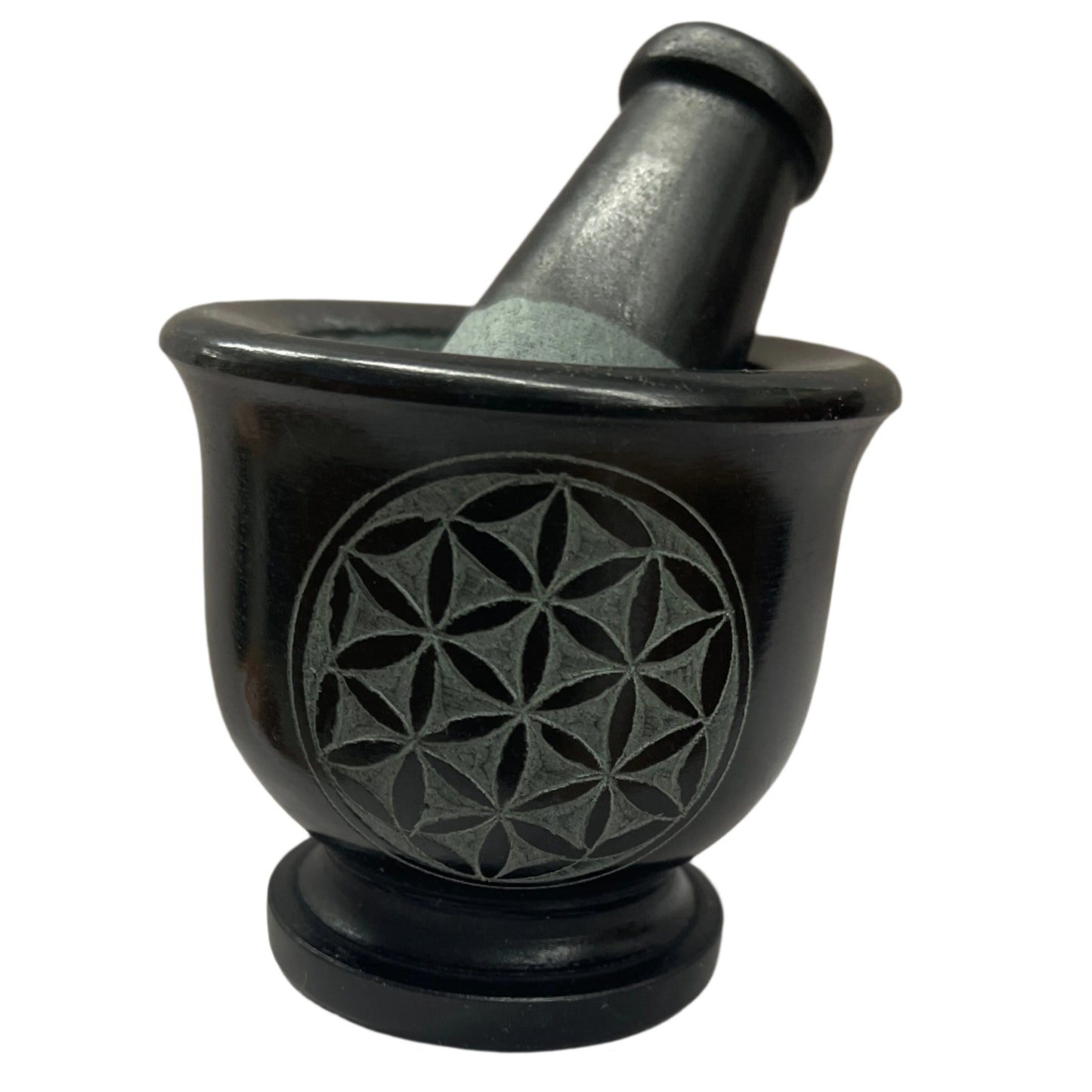 Flower of Life Blk Soapstone Mortar and Pestle