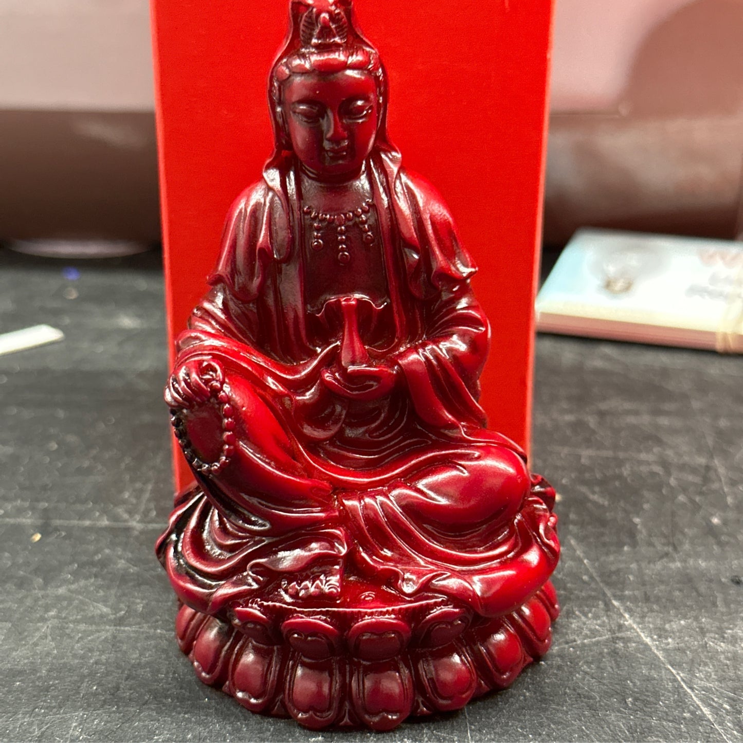 Kneeling Quan yin redwood statue 3.75 in.